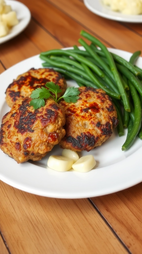 Golden-brown beef patties on a plate with mashed potatoes and green beans.